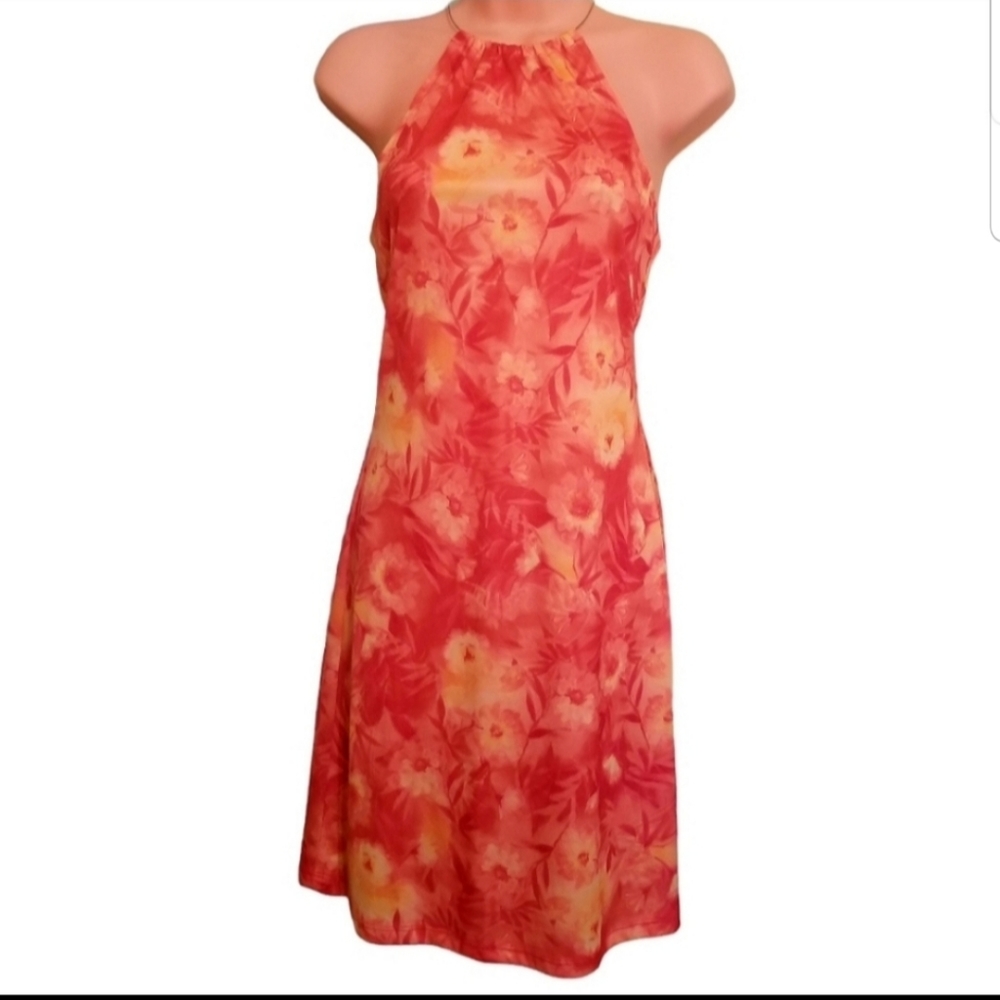 Vintage 90s y2k Rave Orange Floral Print Halter Dress